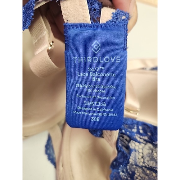 THIRDLOVE 24/7 Lace Balconette Bra in Blue, Womens Size 38E /38DD Sexy Coquette - Picture 8 of 8